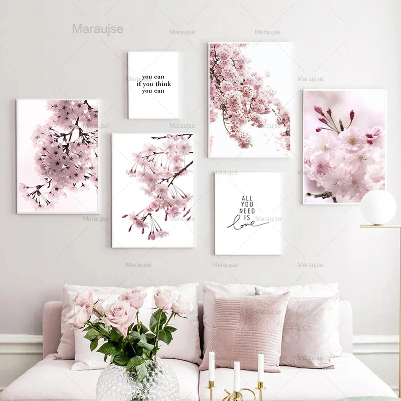 

Nordic Posters And Prints Pink Flowers Cherry Blossoms Quotes Wall Art Canvas Painting Wall Pictures For Living Room Home Decor