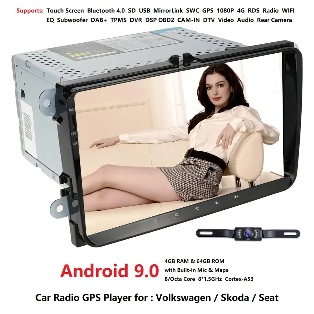 Android 9,0 9 дюймов 2 Din 4G ram 32G rom gps Радио стерео для V W passat golf 4 5 tiguan polo skoda fabia CC DAB wifi BT CAM