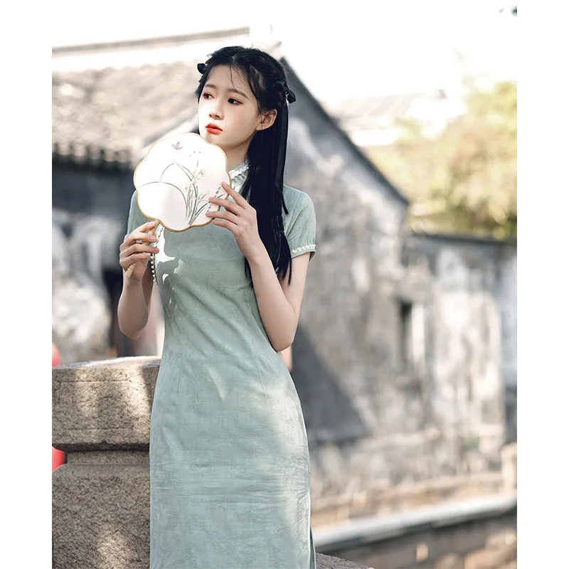 

Женский зеленый ретро тонкий хлопковый льняной китайский халат с воротником-стойкой модный элегантный Улучшенный Ципао с коротким рукавом