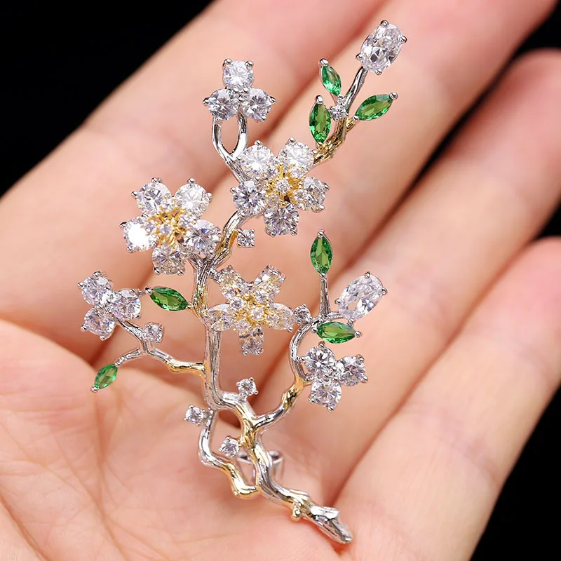 

Trendy fashion S925 silver micro-inlaid color zircon hand-painted two-color gold flower branch brooch exquisite gift for women