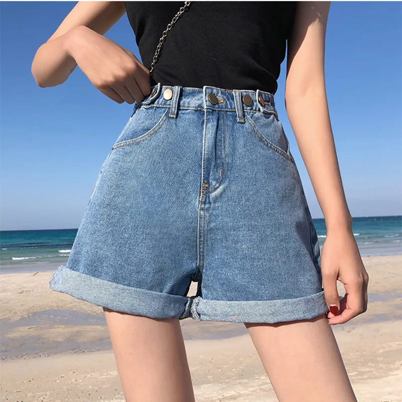 

2021 Women's Denim Shorts Vintage High Waist Wide Leg Shorts Female Casual Summer Ladies Blue Jeans Shorts For Women Streetwear