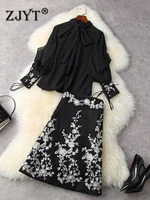 2022 new spring runway suit for women elegant long sleeve chiffon blouse with embroidery skirt 2 piece dress sets office outfit