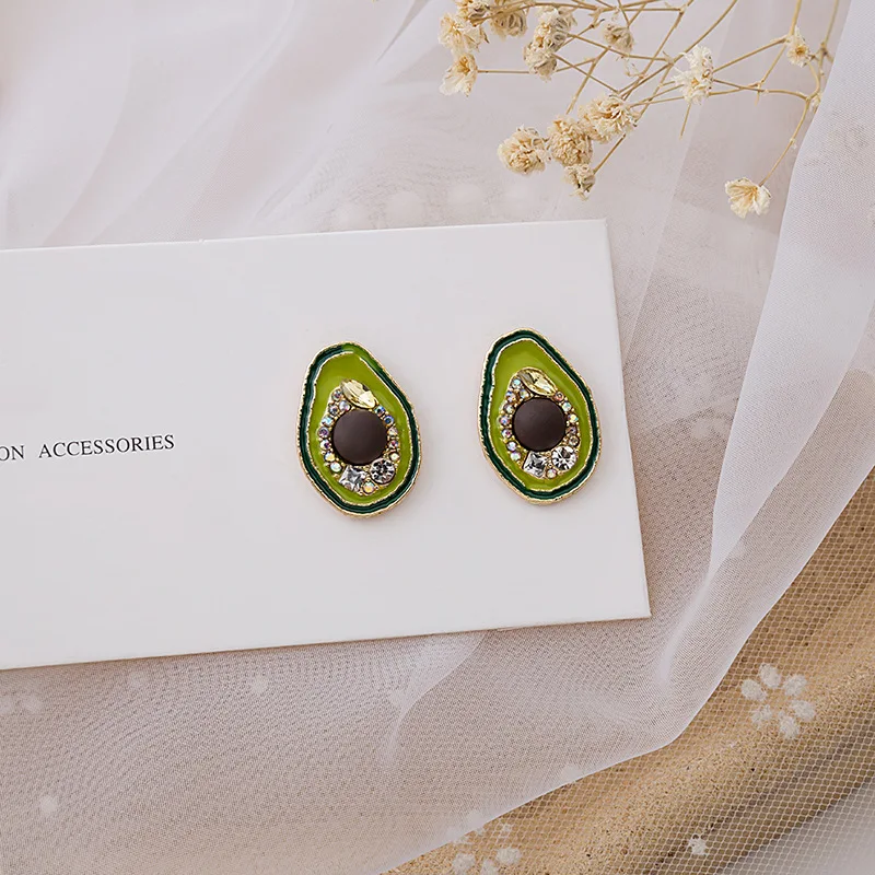 Wholesale Korean Fashion Shiny Rhinestone Avocado Big Earrings for Women 2022 Summer Green Oil Fruit Statement Brincos | Украшения и
