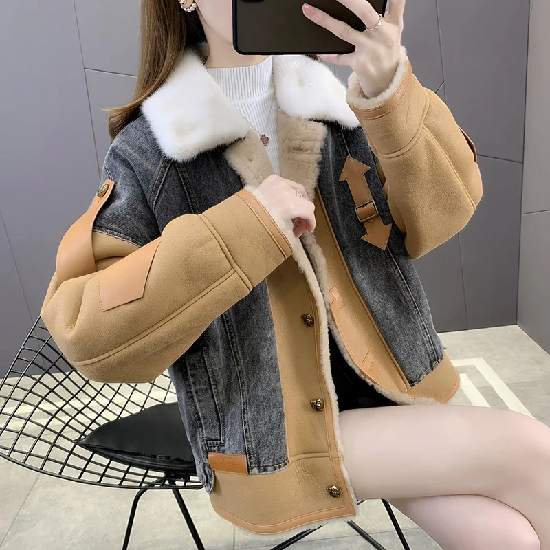 

Fur 2021 Winter New Mink Collar Coat Cowboy Stitched Sheep Fur Integrated Coat Women