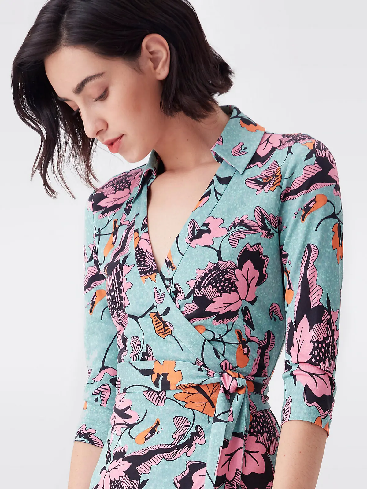 

2021 spring summer new dress floral print crystal hemp Lapel 3 / 4 sleeve wrap around skirt long skirt