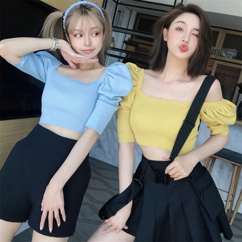 

Solid Square Collar Slim Sexy Pullover Fashion Women Short Sleeve Spring Ladies Tops T Shirt Square Neck Puff Sleeves Crop Top