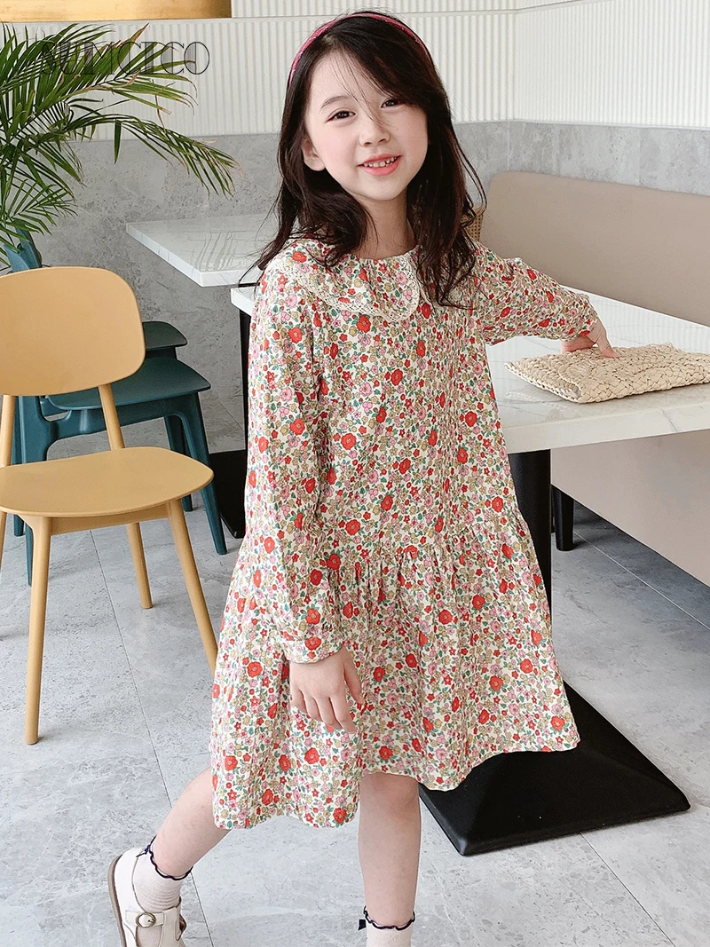 

Sumcico Girls Dress Fall Toddler Dress Long Sleeve Corduroy Peter Pan Collor Cotton Skin-friendly Age2-14Y
