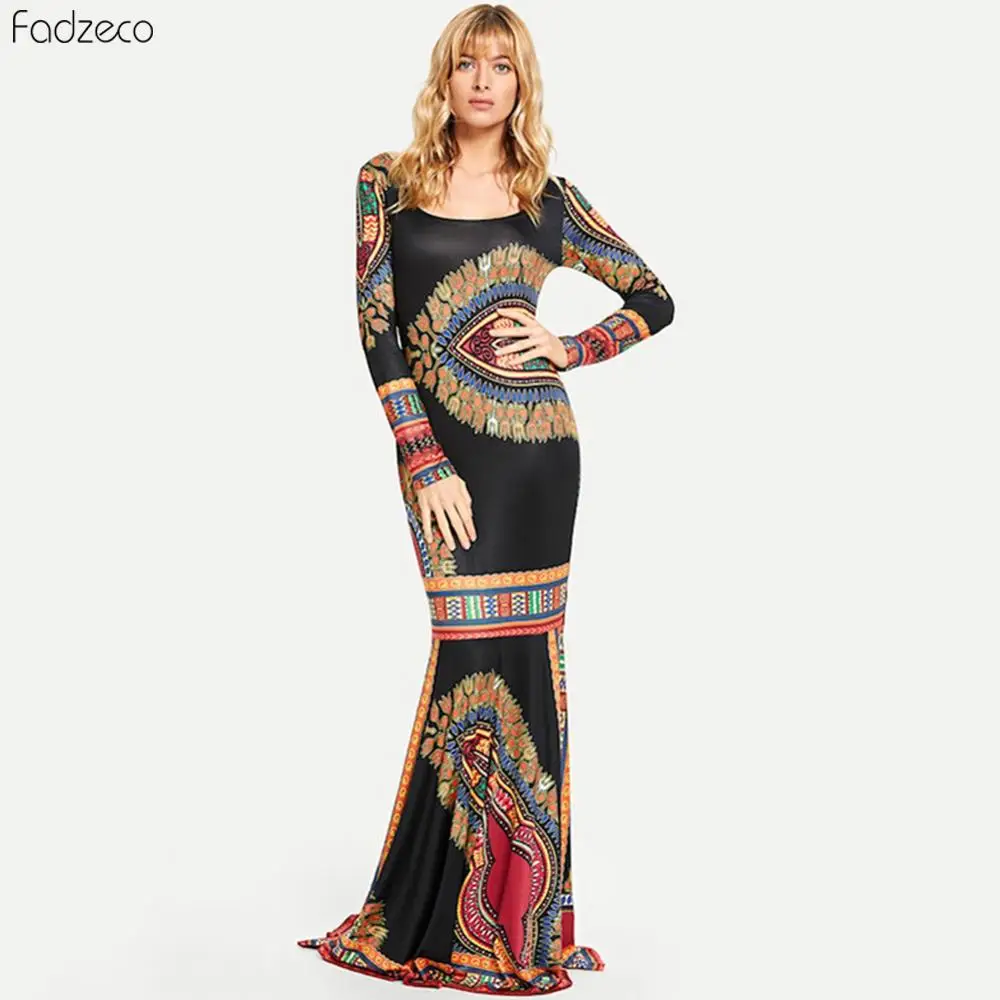 Женское платье на лямках Fadzeco длинное макси в африканском стиле с расклешенным