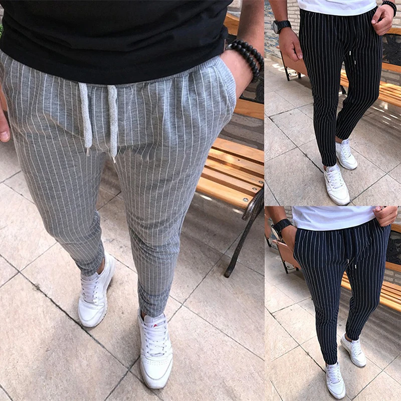 

New Autumn Men's Fashion Stripe Pants Casual Slim Fit Business Elastic Long Trousers Male Streetwear