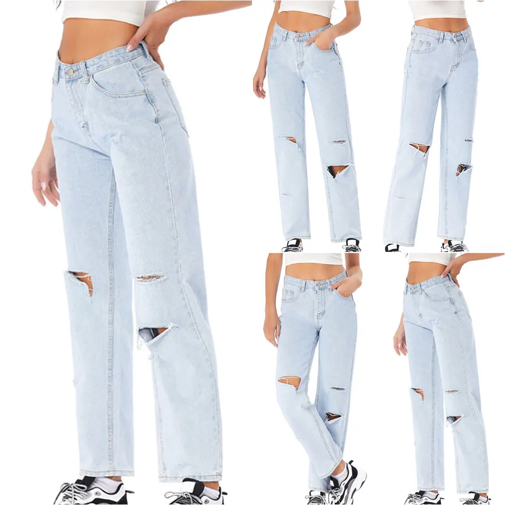 

Прямые джинсы женские модные свободные рваные джинсовые повседневные брюки с высокой талией брюки для женщин Винтажная одежда