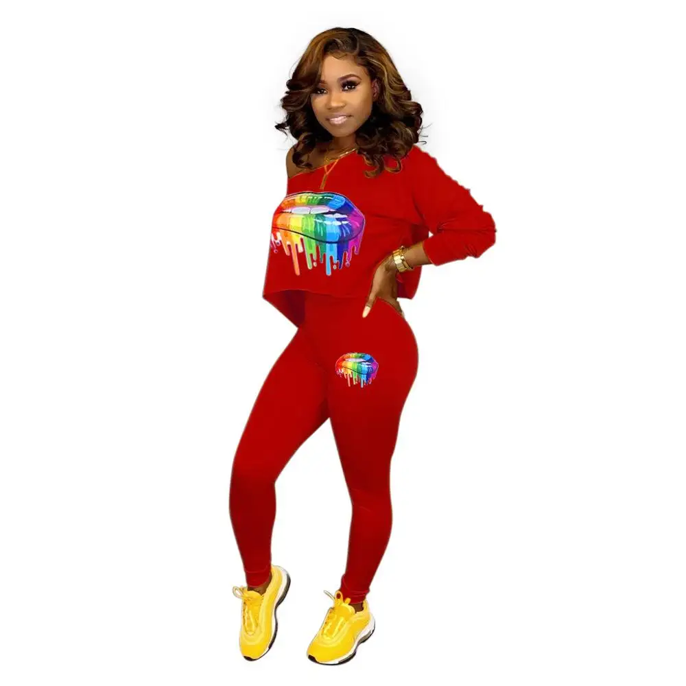 Brand fashion colorful lip print sexy women set lady autumn winter long sleeve 2 pieces outfits for DA5100 |
