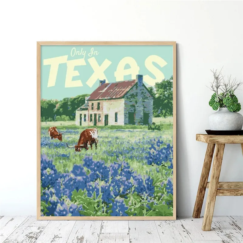 

Vintage Travel Poster Bluebonnet Art Print Landscape Canvas Painting for Living Room Decoration Wall Art Home Room Decor Picture