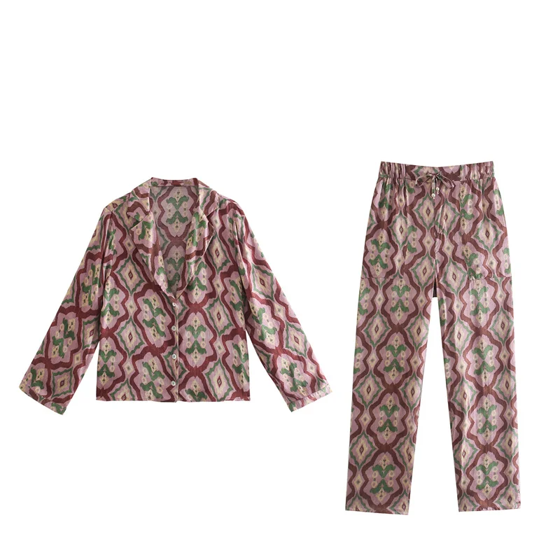

Za Summer Print V-neck Woman Shirt Long Sleeve Texture Shirt Lacing Elastic Waist Wide Leg Pants Casual Pajama Style Shirt Suit
