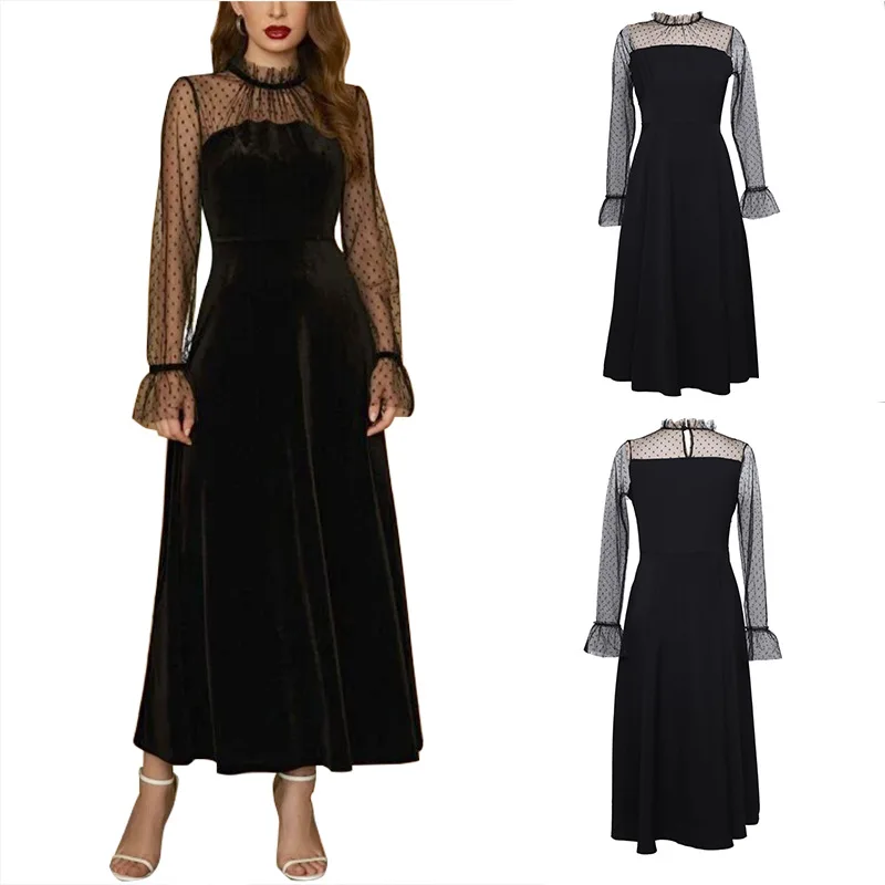 

Women Dress 2021 Autumn New Gauze Dress Women's High Collar Hollow Out Sexy Long Sleeve Dress Fashion Vestido Feminino Donsignet