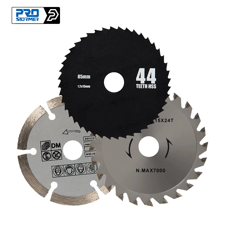 PROSTORMER 3pcs/lot 85mm Circular Saw Blades HSS/TCT Woodworking Rotary Tool Cutting Discs Mandrel for Mini Circular Saw PTET030