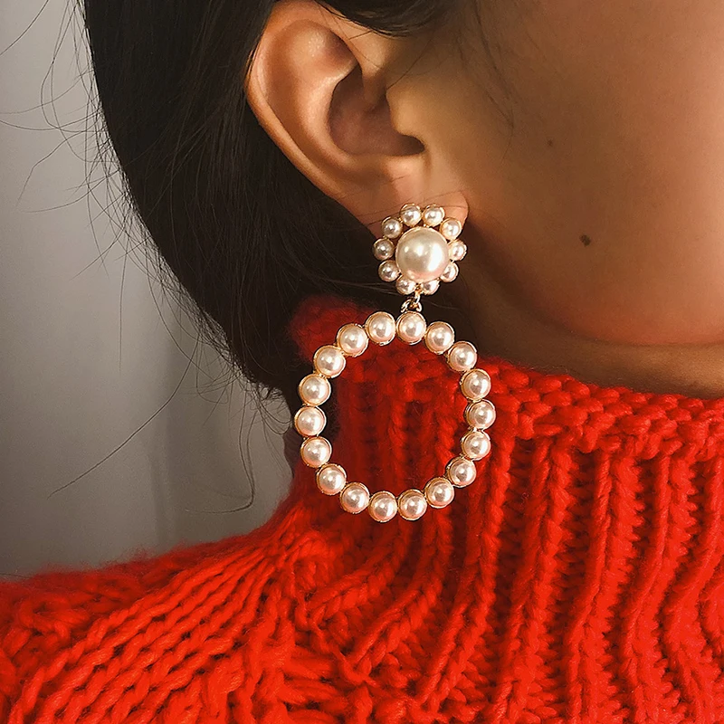 

Trendy Crystal Round Pendant Drop Earrings for Women Fashion Pearl Charm Statement Jewelry Wedding Earrings Female 2020