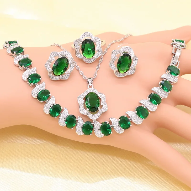 Женский комплект свадебных украшений серебряное зеленое ожерелье серьги кольца