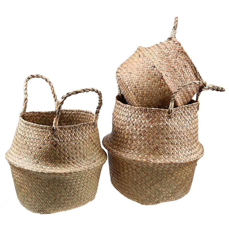 

3pcs Seagrass Plant Baskets Hand Woven Belly Basket with Handles Large Storage Laundry Picnic Clothes Toys Plant Pot Home Decor