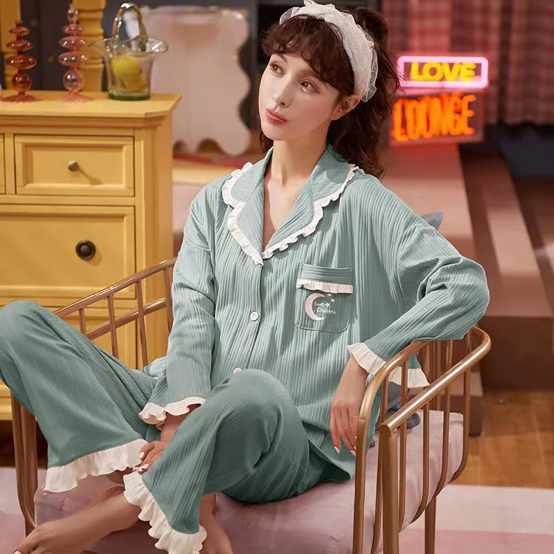 Spring Autumn Women's Pajamas Set 100% Cotton Sleepwear Long Sleeve Trousers Pyjamas Suits Female Sleep Lounge Pajama