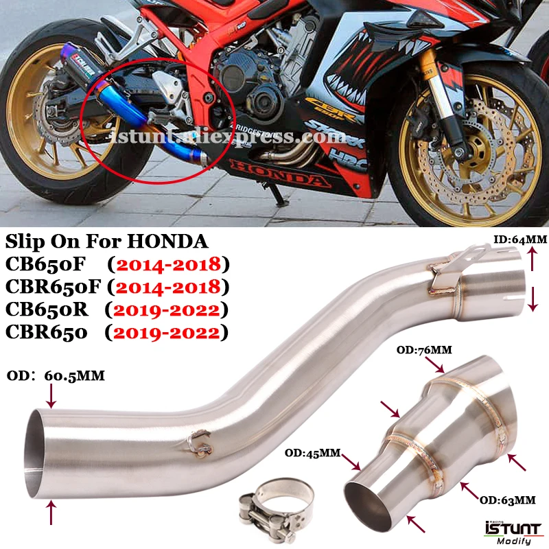 Motorcycle Exhaust Modified 60mm interface Middle Link Pipe Slip On For HONDA CB650F CBR650F 2014-2018 CB650R CBR650 2019-2022