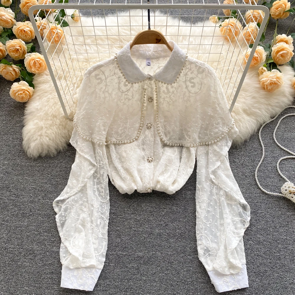

Fashion Style French Shirt Women 2021 Niche Design Fashion Shawl Bead Embroidery Fairy Blouse