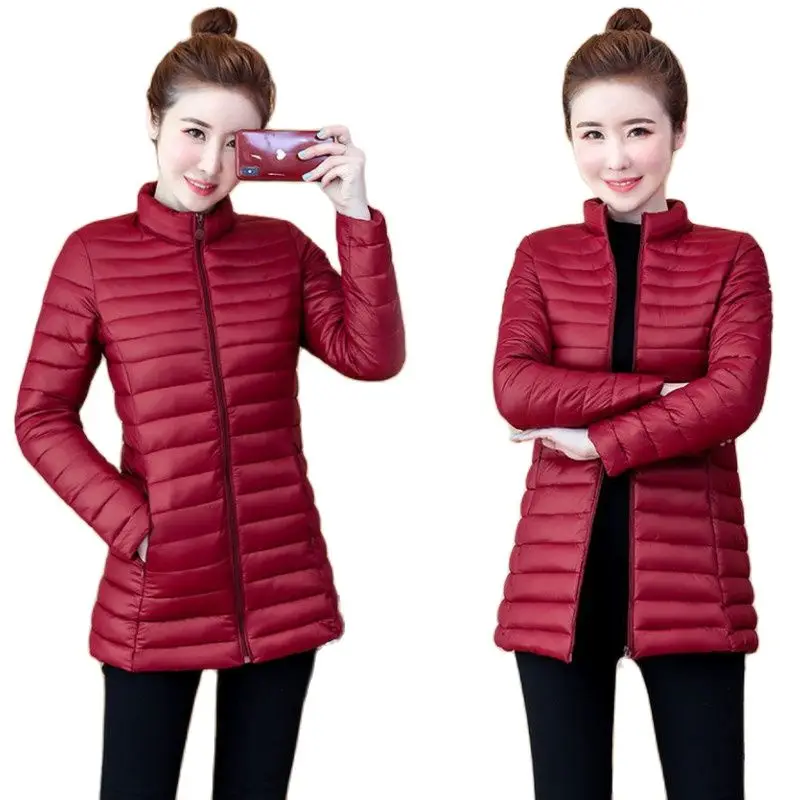 Зимняя женская пуховая куртка, женское легкое пальто средней длины с хлопковой подкладкой, Женское пальто, облегающее однотонное пальто pièce легкое пальто