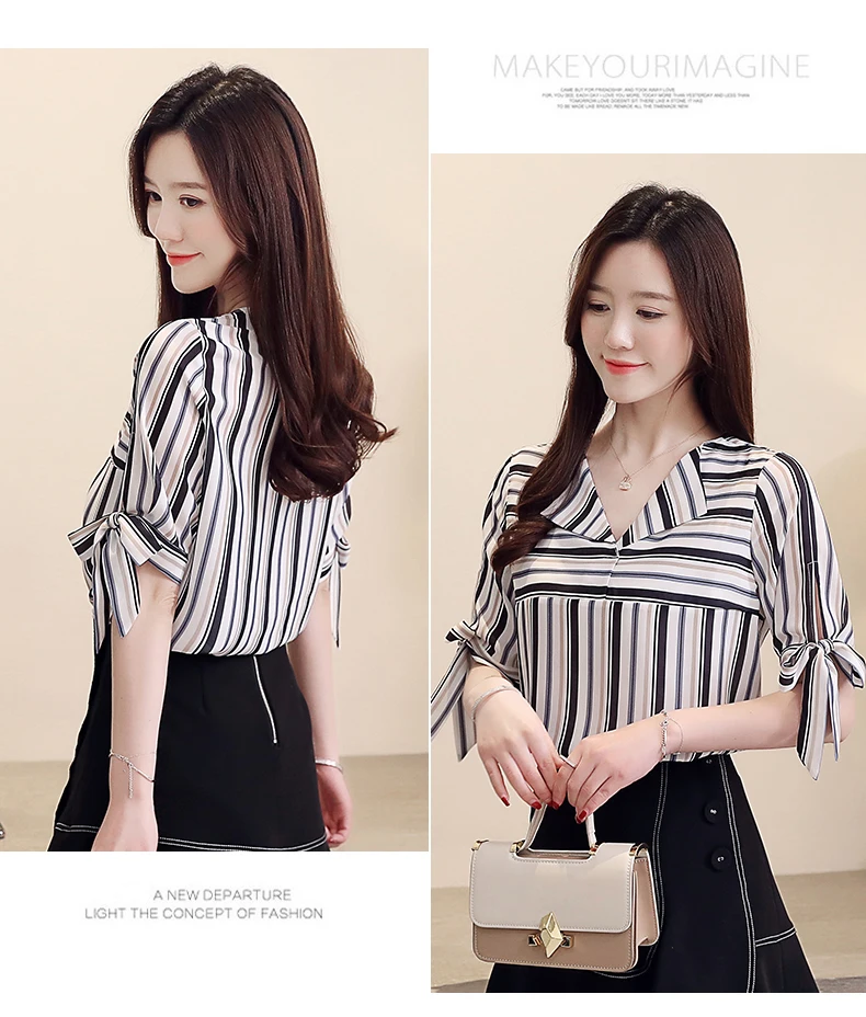 

Houthion Women's Blouses Short Sleeve Top Casual Summer Striped V-neck Stripes Blouse Chiffon Fashion Cloth