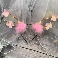 10pcs cute plush christmas headband led light reindeer antlers flower berry glowing hair accessories halloween party costume