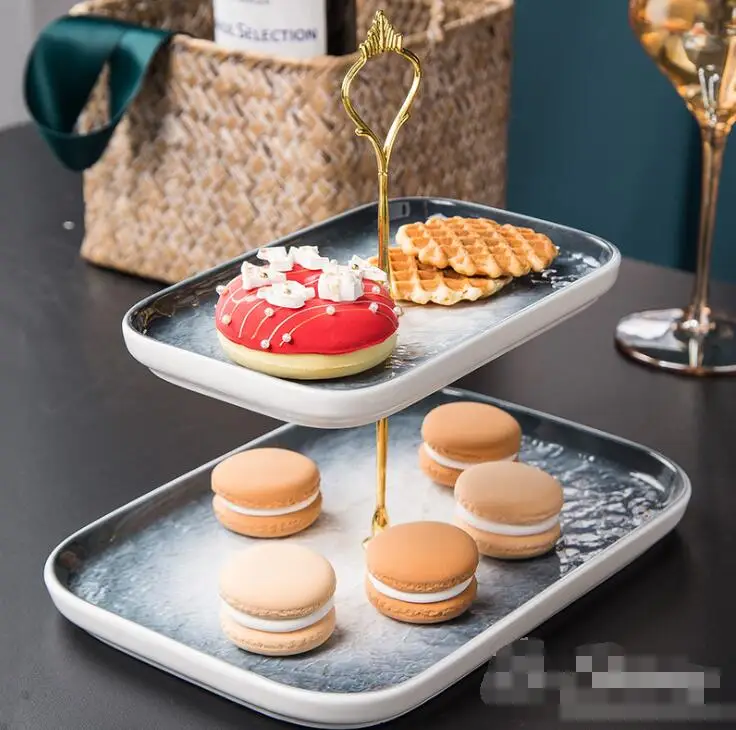 

Nordic Style Candy Plate 2-tier Rectangle Ceramic Cake Stand Wedding Plates Party Tableware Tray Afternoon Tea Snack Plate