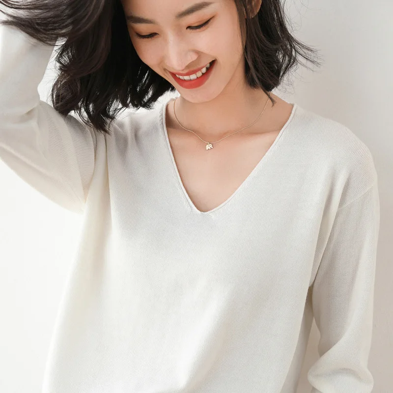 

Autumn New Women's V-neck Sweater Pullover Solid Color Knitted Sweater Women Loose Thin All-match Top Women
