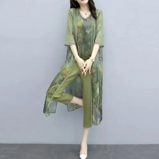 2020 Летний зеленый комплект из 3 предметов с принтом женский жилет плюс размера +