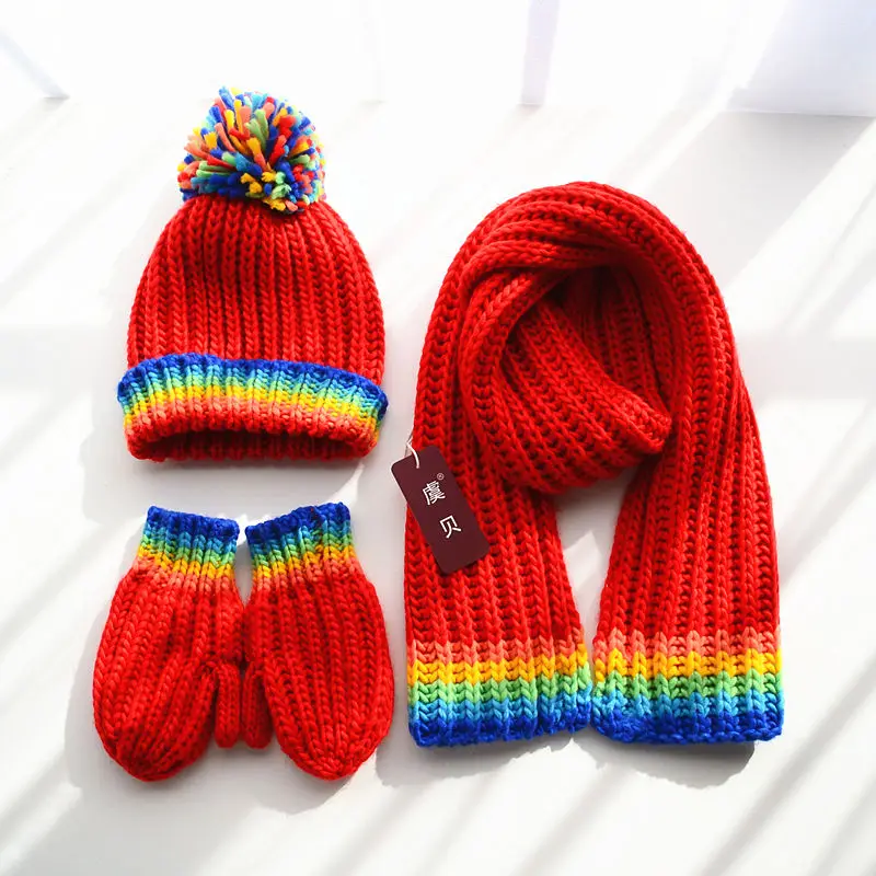

Children scarf hat gloves 3 in 1 high quality rainbow knitted yarn boy girl soft warm winter shawl cute lovely gift for kid baby