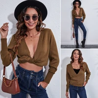 fallwinter 2021 new womens v neck short cardigan sweater female loose casual knitwear lady solid color fashion long sleeve top