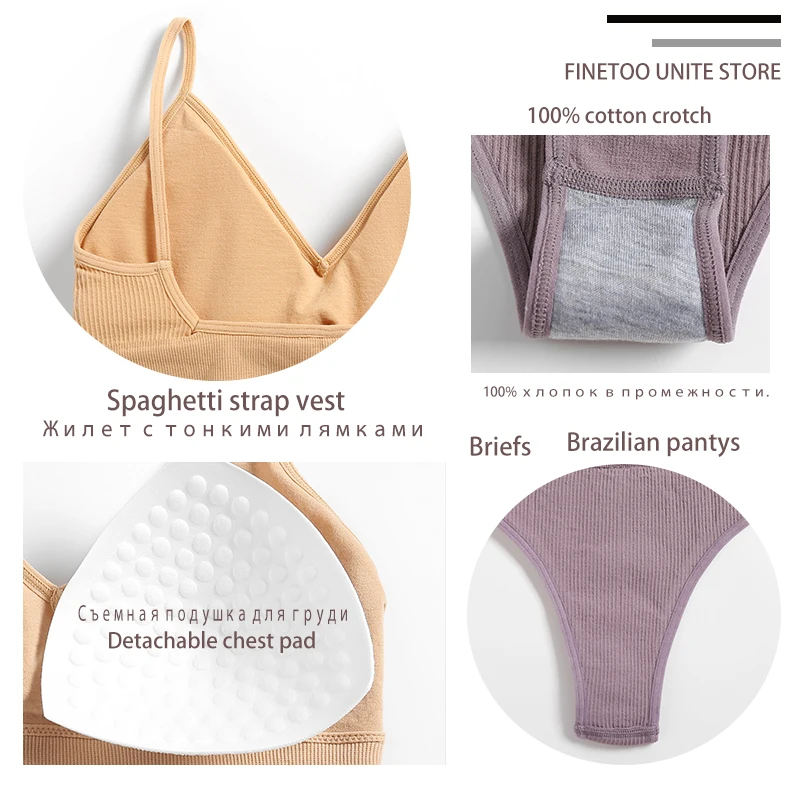 

FINETOO Women Seamless Bra Set Push Up 1 Camis+1 Panty Lingerie Sports Underwear Active Sexy Thong Bra Fitness Bikini Crop Top