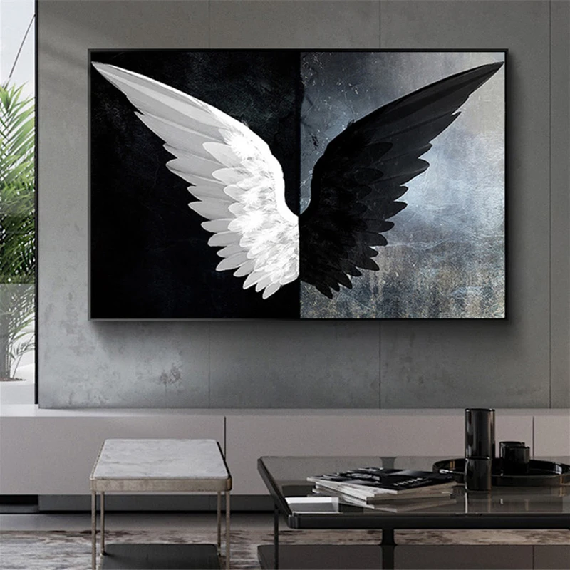 

Black and White Powerful Feather Wings Canvas Painting Scandinavian Posters and Prints Nordic Wall Art Picture for Living Room