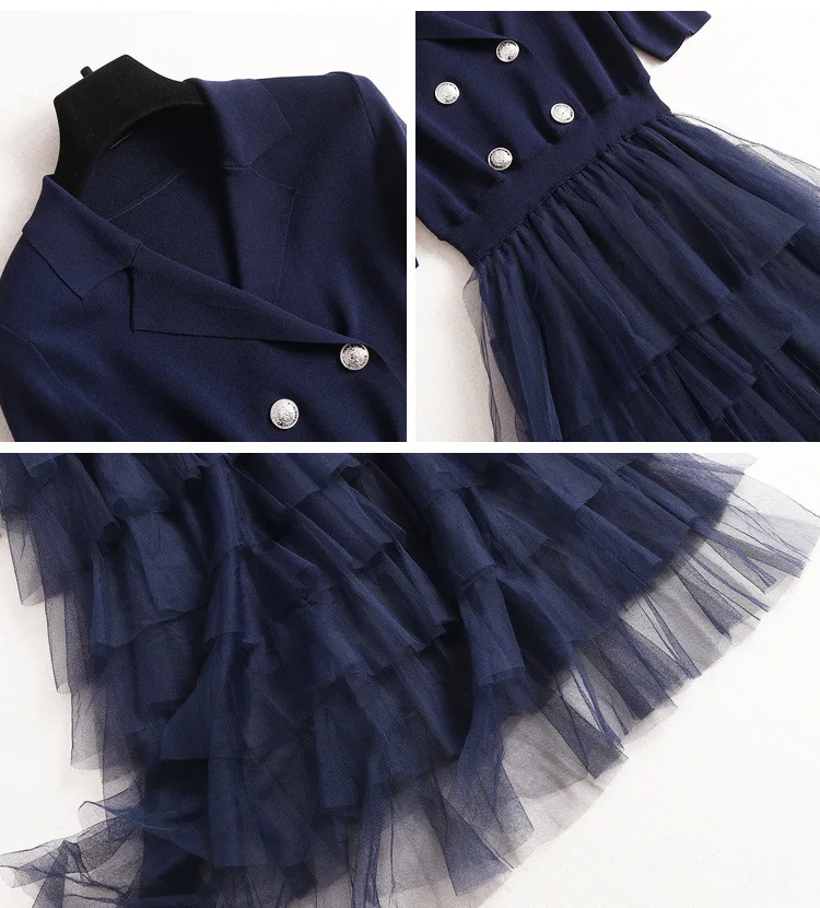 

Knitted Stitching Mesh Dress 2021 Summer Lapels High Waist Slimming Temperament Cake Dress half-Sleeve Sweet Cute midi Dress
