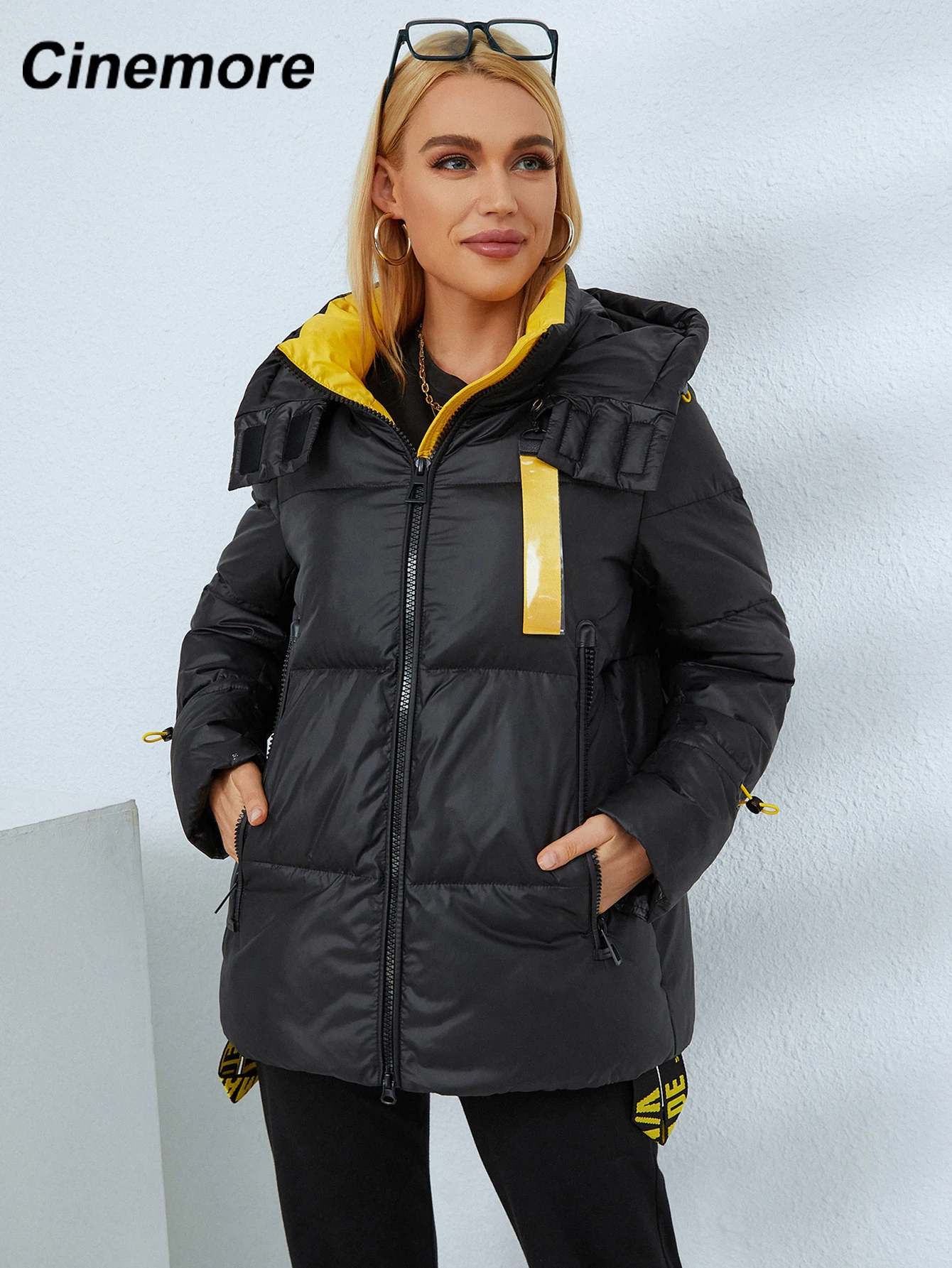 

Пальто женское зимнее средней длины с капюшоном, 2021