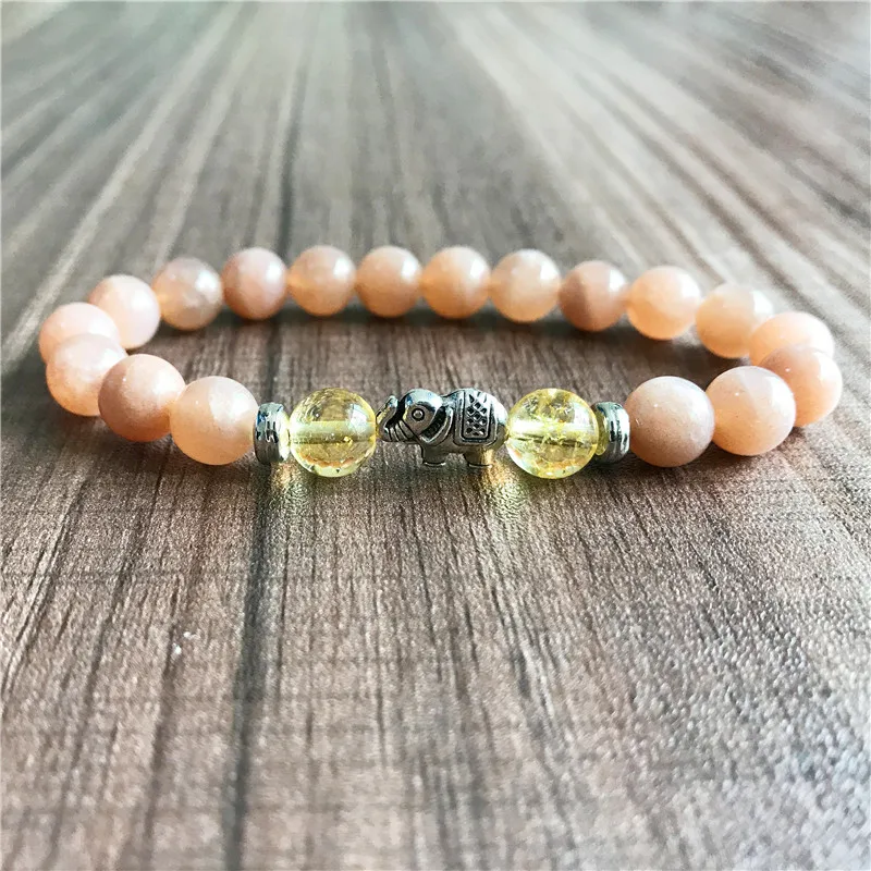 8 мм натуральный Солнечный камень и желтый кварцевый браслет со слоном браслеты