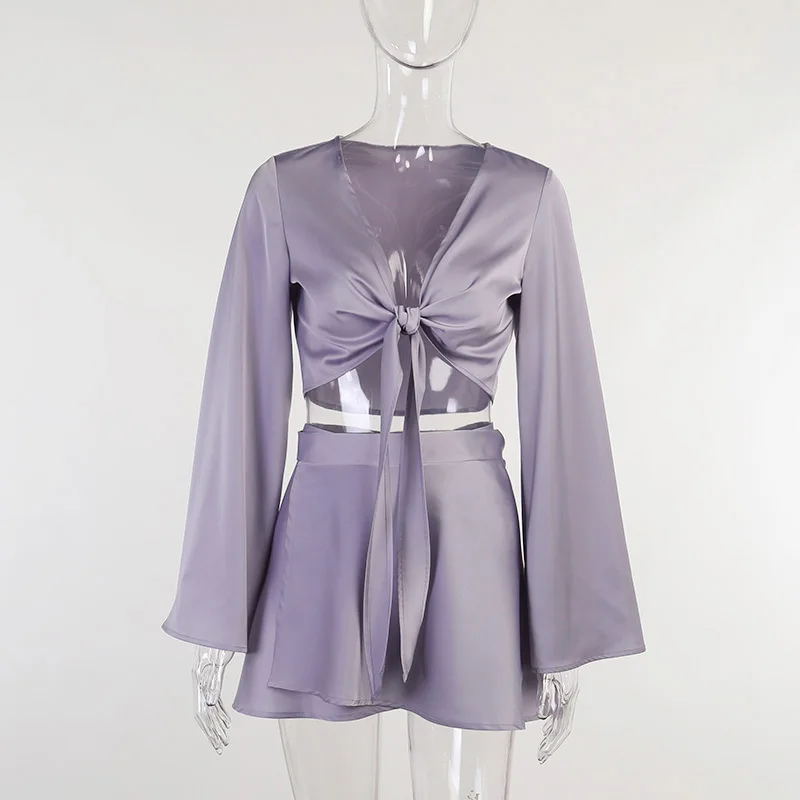 

Satin Two Piece Set Women Summer Vacation Skirts Set Women Long Sleeve Crop Top V-Neck Mini Skirts Elegant Sets Women