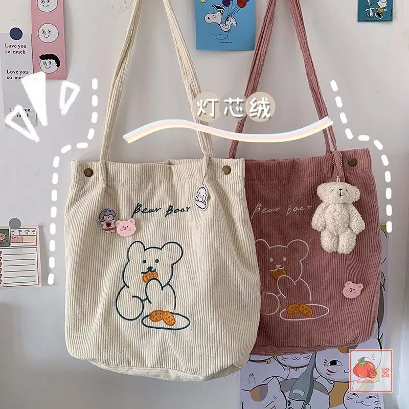 

2021 New Girl Casual Cute Cartoon Embroidery Little Bear Shoulder Bags Corduroy Tote Bag Shopper Bag Women Designer Handbags