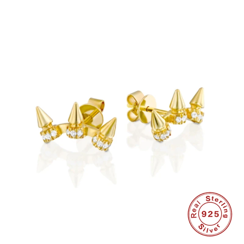 

GS 925 Sterling Silver Shiny Crystal Nail Shape Stud Earrings Punk Rivet Half Circle Sunflower Earrings for Women Rock Jewelry