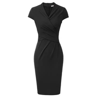 grace karin women pleated pencil dress cap sleeve surplice v neck hips wrapped bodycon fit knee length sexy retro dresses lady