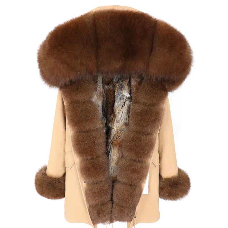 

Women Real Fur Coat Fox Fur Collar Detachable Rabbit Fur Liner Mid-length Parker Winter Jacket