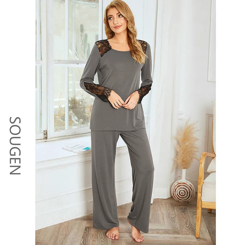 Ladies Lace Pajamas Comfortable Homewear Sets Long Sleeve Pants Ladies Autumn and Winter European Trendy Sleepwear Set Fashion