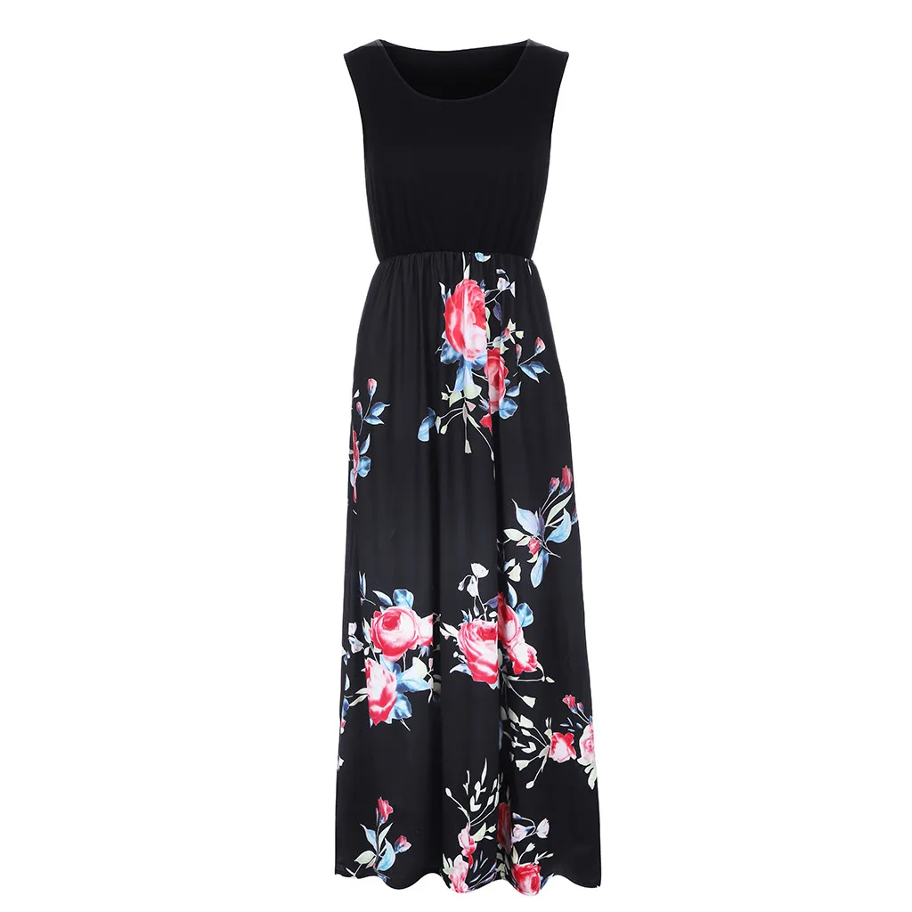 

Summer Women Dress Sleeveless Floral Print Pockets Loose Maxi Dresses Casual Swing Dress Summer Female Beach Dress Vestidos412#G