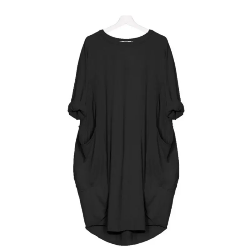 

Female T Shirt Dress Long Sleeve Pocket T-Shirt Women Casual Loose Dress With Pocket O Neck Long Tops Fashion Midi Dress