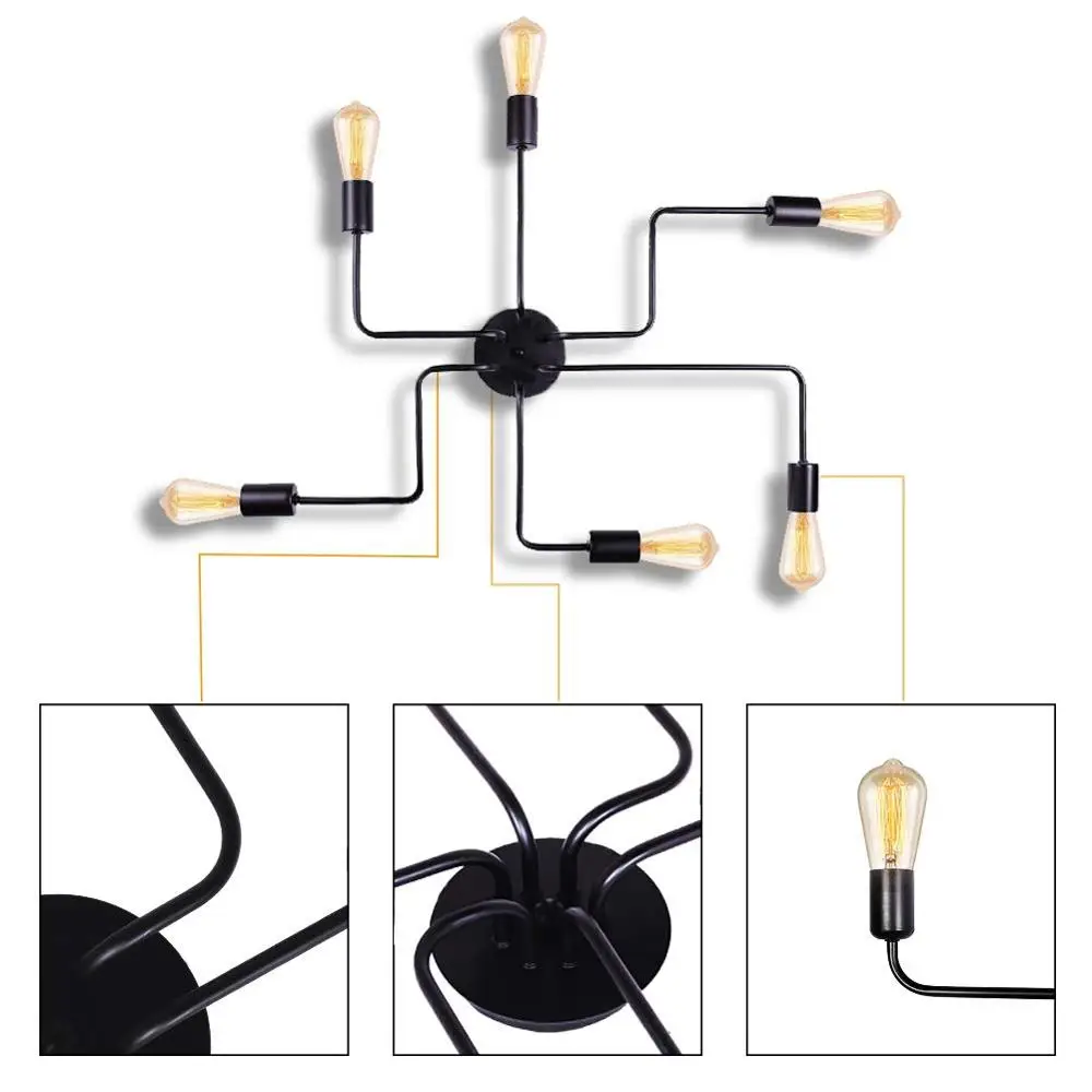 

Industrial Ceiling Lamp Semi Flush Mount Edison Light Fixtures Modern Black Metal Chandelier Lighting 6 Lights Rustic Bar Lamps