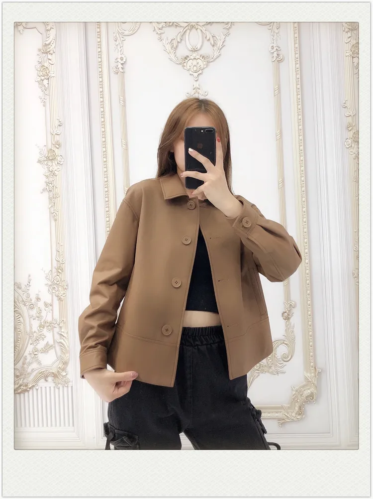 Abrigo de piel de oveja auténtica para mujer, chaqueta informal holgada de color negro, gabardina para primavera y otoño