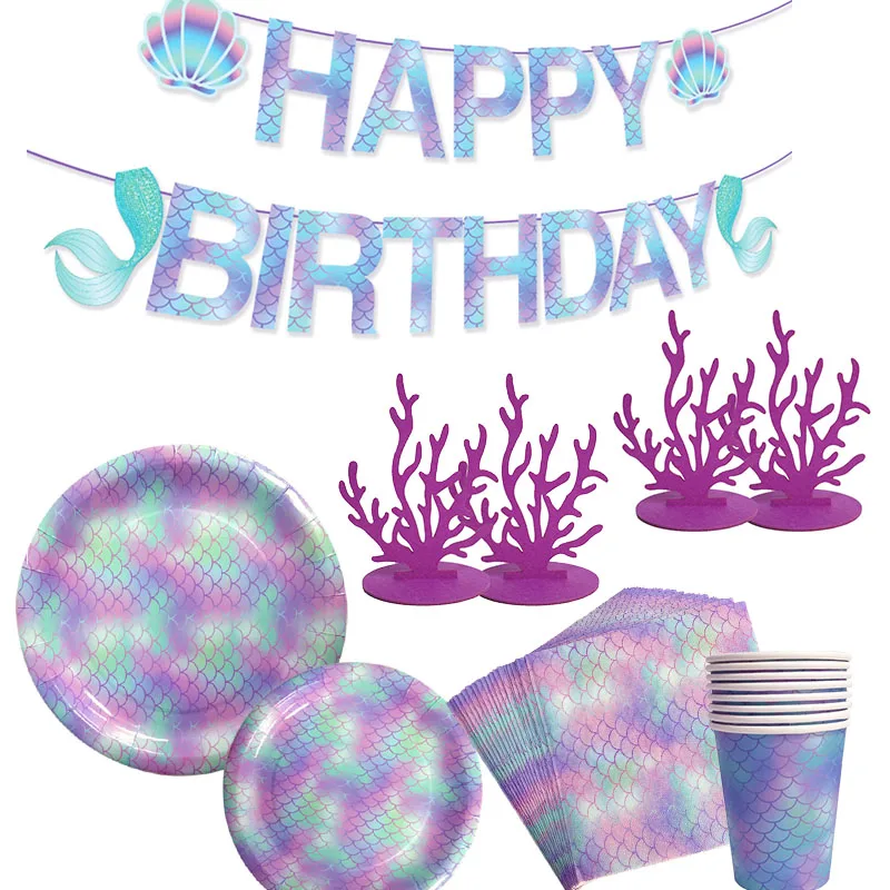 Вечерние кружки Русалочки для дня рождения, бумажные тарелки, вечерние украшения для дня рождения, Детские вечерние кружки Русалочки