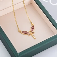 rxsmll pink zircon dragonfly necklaces for women fashion gold silver color stainless steel neck chain female jewelry anniversary